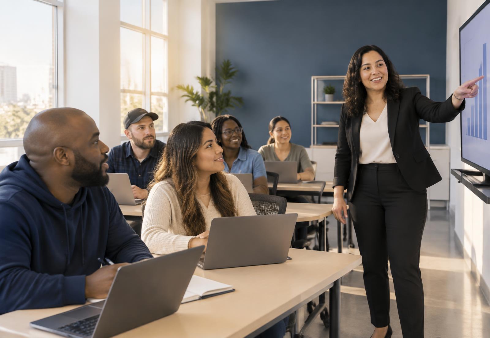 Adult learners in an AI workforce training classroom with an instructor